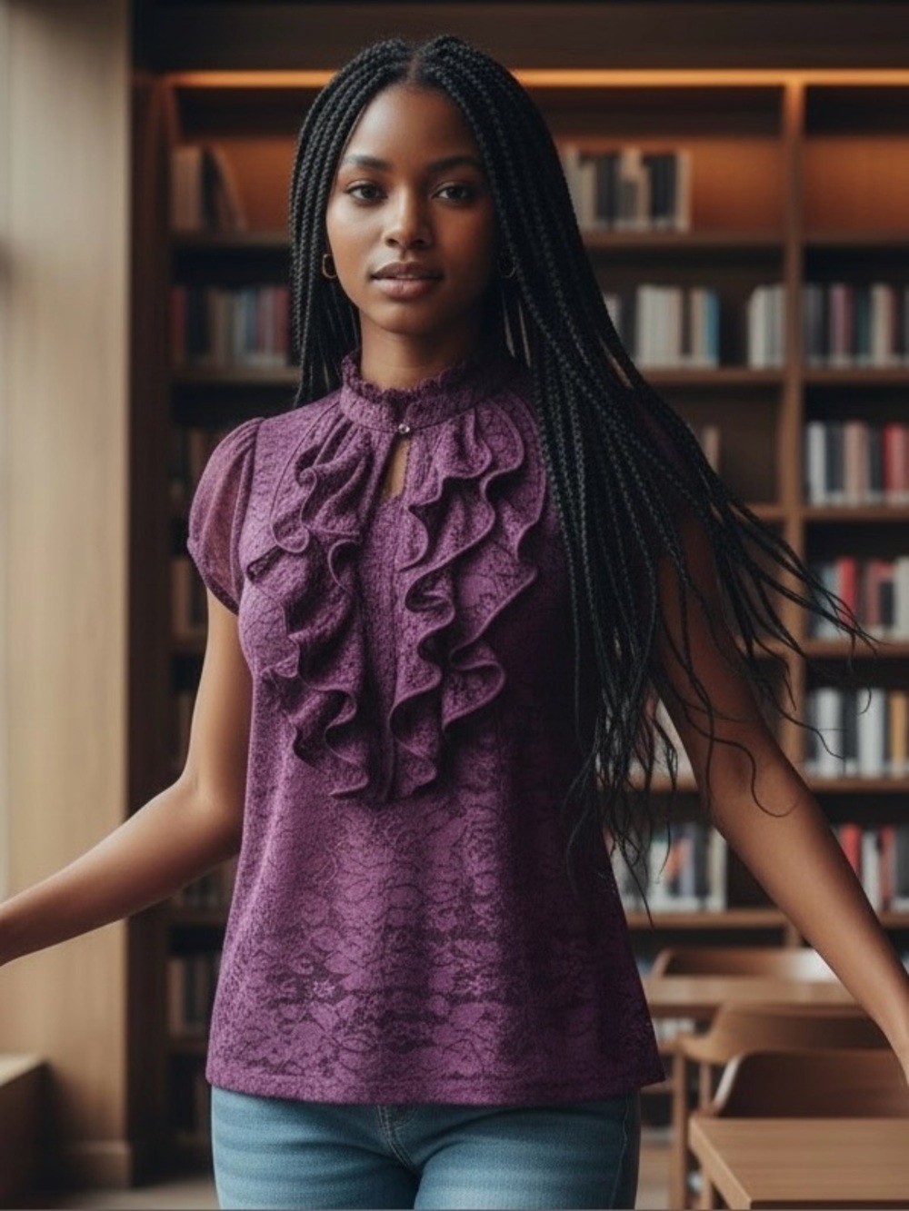 Heart & Soul Purple Lace Ruffle Mock Neck Blouse LG